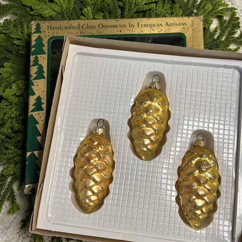 Made in Poland Blown Glass Pinecone Christmas Ornaments Set of 3 Gold Glitter